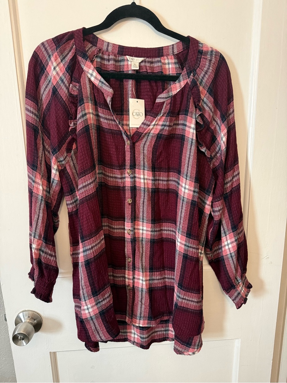 Cato Burgundy Plaid Button-Front Tunic Shirt